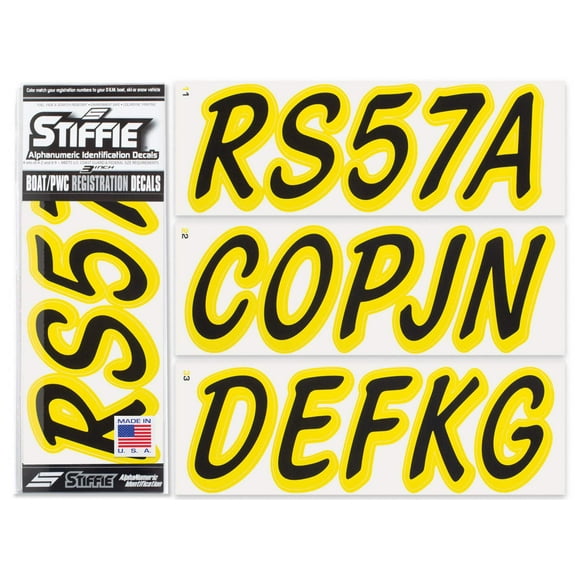 STIFFIE Whipline Solid Black/Electric Yellow 3" Alpha-Numeric Registration Identification Numbers Stickers Decals for Boats & Personal Watercraft