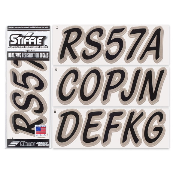 STIFFIE Whipline Solid Black/Pewter 3" Alpha-Numeric Registration Identification Numbers Stickers Decals for Boats & Personal Watercraft