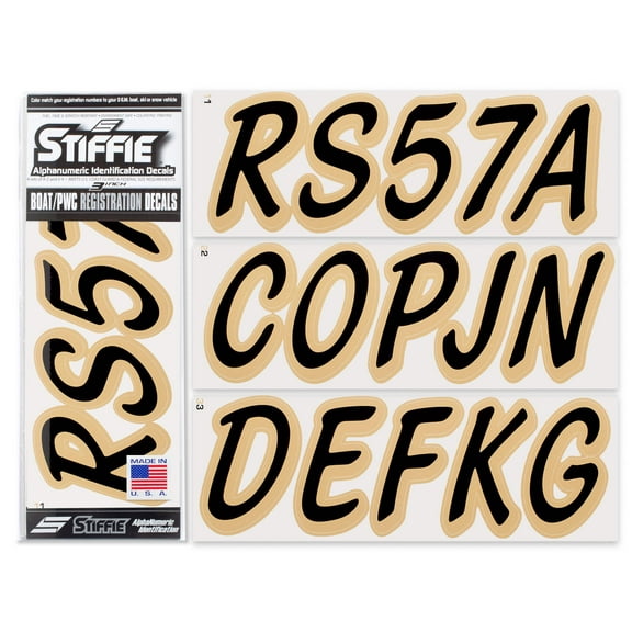 STIFFIE Whipline Solid Black/Tan 3" Alpha-Numeric Registration Identification Numbers Stickers Decals for Boats & Personal Watercraft