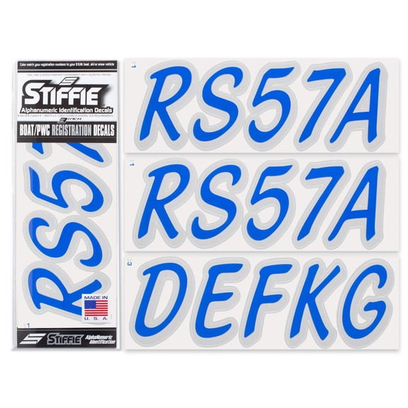 STIFFIE Whipline Solid Blue/Metallic Silver 3" Alpha-Numeric Registration Identification Numbers Stickers Decals for Boats & Personal Watercraft