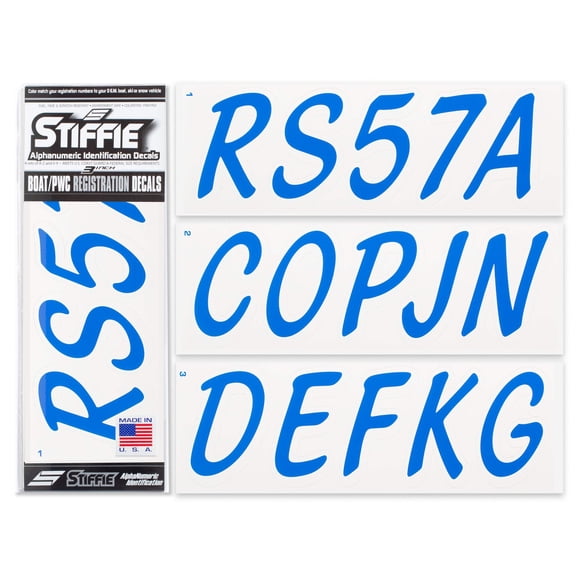 STIFFIE Whipline Solid Blue/White 3" Alpha-Numeric Registration Identification Numbers Stickers Decals for Boats & Personal Watercraft