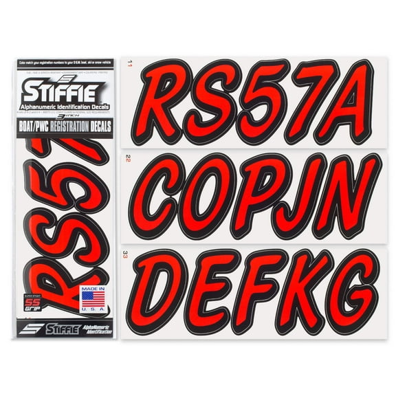 STIFFIE Whipline Solid Lava Red/Black Super Sticky 3" Alpha-Numeric Registration Identification Numbers Stickers Decals for Boats & Personal Watercraft