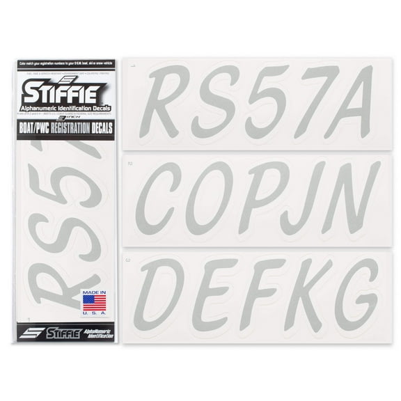STIFFIE Whipline Solid Metallic Silver/White 3" Alpha-Numeric Registration Identification Numbers Stickers Decals for Boats & Personal Watercraft