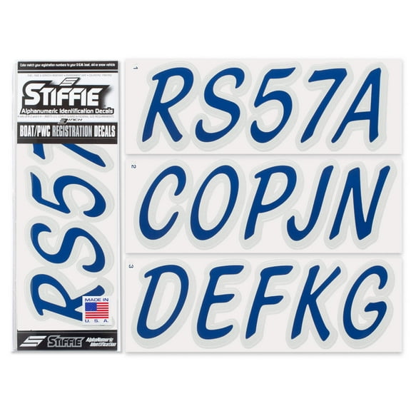 STIFFIE Whipline Solid Navy/Metallic Silver 3" Alpha-Numeric Registration Identification Numbers Stickers Decals for Boats & Personal Watercraft