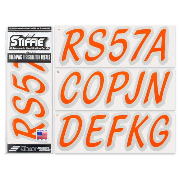 STIFFIE Whipline Solid Orange/Metallic Silver 3" Alpha-Numeric Registration Identification Numbers Stickers Decals for Boats & Personal Watercraft
