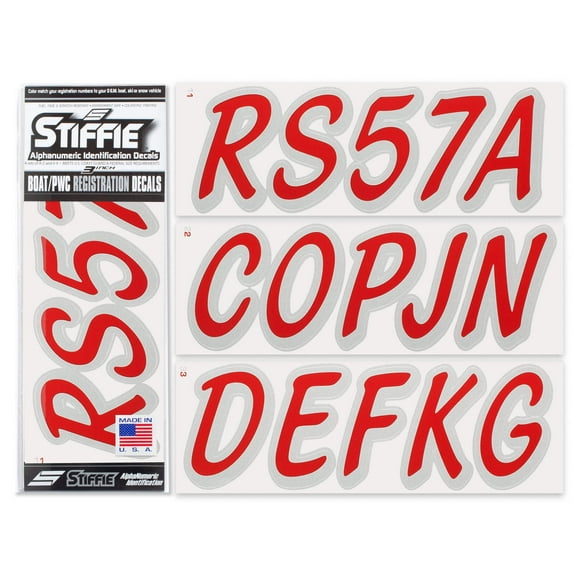 STIFFIE Whipline Solid Red/Metallic Silver 3" Alpha-Numeric Registration Identification Numbers Stickers Decals for Boats & Personal Watercraft