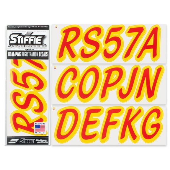 STIFFIE Whipline Solid Red/Yellow 3" Alpha-Numeric Registration Identification Numbers Stickers Decals for Boats & Personal Watercraft