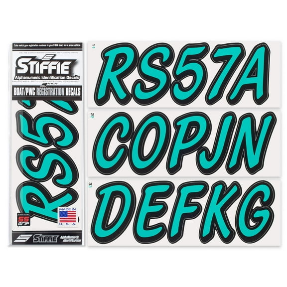 STIFFIE Whipline Solid Sea Teal/Black Super Sticky 3" Alpha-Numeric Registration Identification Numbers Stickers Decals for Boats & Personal Watercraft