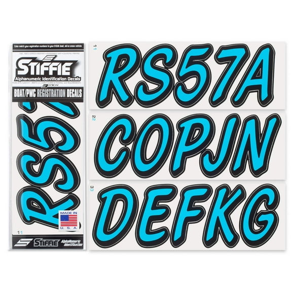STIFFIE Whipline Solid Sky Blue/Black 3" Alpha-Numeric Registration Identification Numbers Stickers Decals for Boats & Personal Watercraft