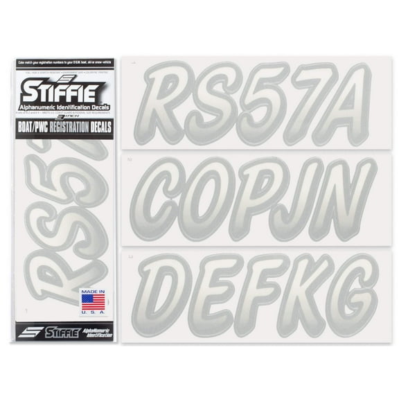 STIFFIE Whipline Transparent Clear / Metallic Silver 3" Alpha-Numeric Identification Custom Kit Registration Numbers & Letters Marine Stickers Decals for Boats & Personal Watercraft PWC