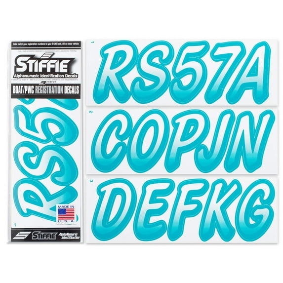 STIFFIE Whipline White / Aqua 3" Alpha-Numeric Identification Custom Kit Registration Numbers & Letters Marine Stickers Decals for Boats & Personal Watercraft PWC