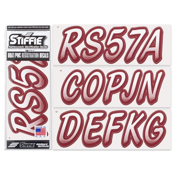 STIFFIE Whipline White / Burgundy 3" Alpha-Numeric Identification Custom Kit Registration Numbers & Letters Marine Stickers Decals for Boats & Personal Watercraft PWC