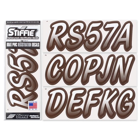 STIFFIE Whipline White /Espresso Brown 3" Alpha-Numeric Registration Identification Numbers Stickers Decals for Boats & Personal Watercraft