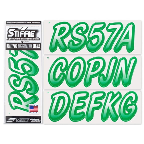 STIFFIE Whipline White / Green 3" Alpha-Numeric Identification Custom Kit Registration Numbers & Letters Marine Stickers Decals for Boats & Personal Watercraft PWC