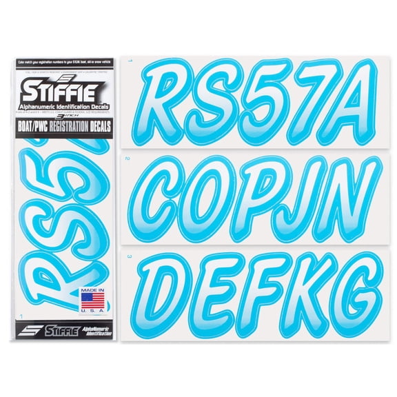 STIFFIE Whipline White / Sky Blue 3" Alpha-Numeric Identification Custom Kit Registration Numbers & Letters Marine Stickers Decals for Boats & Personal Watercraft PWC