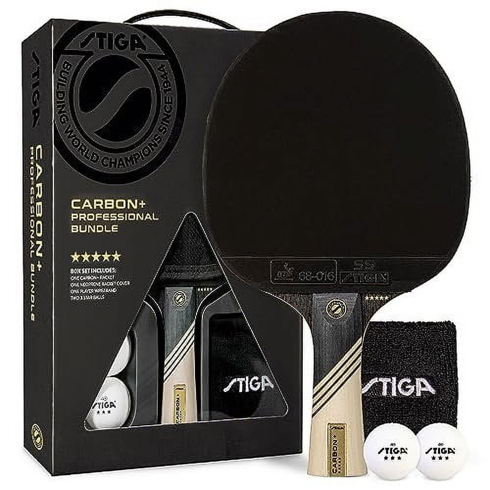 STIGA Carbon+ Bundle Ping Pong Paddle Set  7-ply Extra Light Carbon Fiber Blade  2mm Premium Sponge  Concave Pro Handle  2 3-Star Tournament Balls  Neoprene Racket Cover  Player Wristband