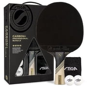STIGA Carbon+ Bundle Ping Pong Paddle Set 7-ply Extra Light Carbon Fiber Blade 2mm Premium Sponge Concave Pro Handle 2 3-Star Tournament Balls Neoprene Racket Cover Player Wristband