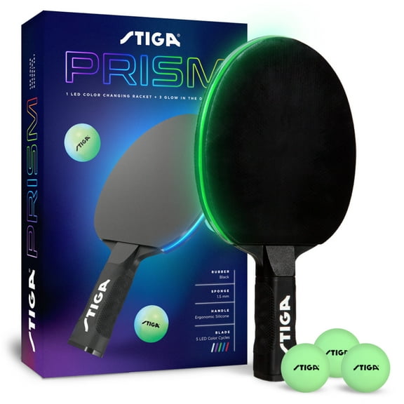 STIGA Prism LED Ping Pong Paddle - 5 LED Color Cycles - Color Gradient Mode - Includes 3 Glow-in-The-Dark Balls - 1.5mm Sponge with Smooth Rubber - Silicone Grip for Max Control