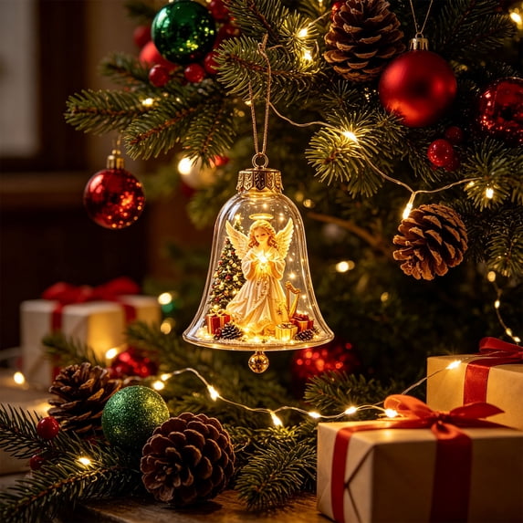 STIJGGN Christmas Story Ornaments, Glowing Bells Shape Mini Holiday Scene, Christmas Tree Hanging Decor, Home Decor & Festive Gift(Angel)