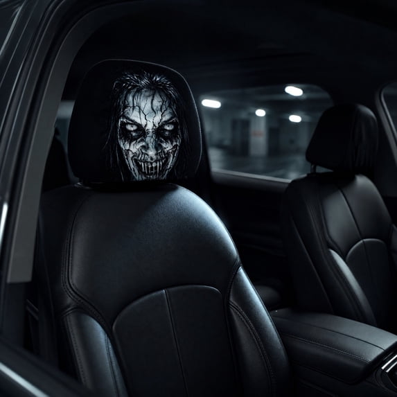 STIJGGN Creative Headrest Covers for Cars, Spooky Ghost Face Headrest Covers, Upgraded Snug, Breathable Polyester Auto Seat Protector for Halloween Car Decorations & Vehicle Accessories (E)