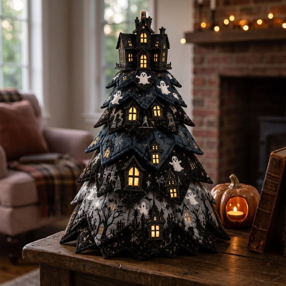 STIJGGN DIY Halloween Quilted Fabric Tree Kit, Pre-cut Patchwork Fabric Assembly, Autumn Home Decor & Creative Holiday Gift (Ghost House)