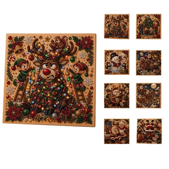 STIJGGN Diamond Art Craft Kit, Christmas Reindeer with Elf Companions Canvas Design, Beginner-Friendly Holiday Home Decor & Creative DIY Gift