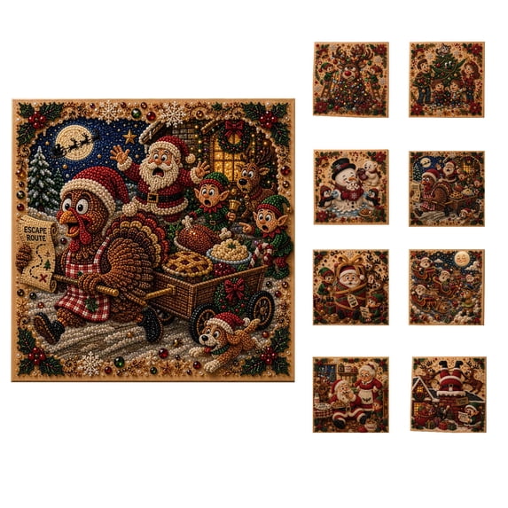 STIJGGN Diamond Art Craft Kit, Festive Santa & Turkey Cart Canvas Design, Beginner-Friendly Holiday Home Decor & Creative DIY Gift