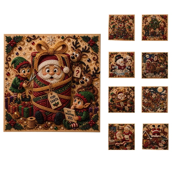STIJGGN Diamond Art Craft Kit, Santa on Christmas Gift Box with Elf Companions Canvas Design, Beginner-Friendly Holiday Home Decor & Creative DIY Gift