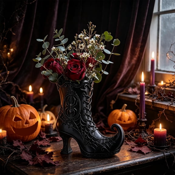 STIJGGN Gothic Witch Boot Vase Halloween Decor, High Heel Boot Planter, Spooky Party Centerpiece, Dark Home Accent & Fall Gift