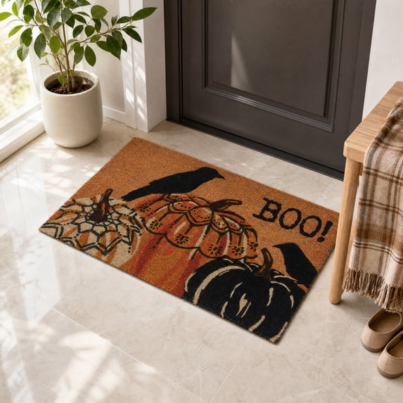 STIJGGN Halloween Boo Crow Pumpkin Coir Rug, 23"×15" Fall Outdoor Front Door Decor Mat, Washable Hand-Woven Rug for Layered Doormat, Autumn Halloween Thanksgiving Carpet for Porch, Entryway