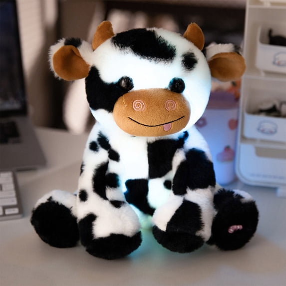 STIJGGN Light Up Highland Cow Plush Toy, Glowing Soft Black & White Spotted Stuffed Animal, Magical Christmas Gift for K*ids, T*oddlers & B*abies