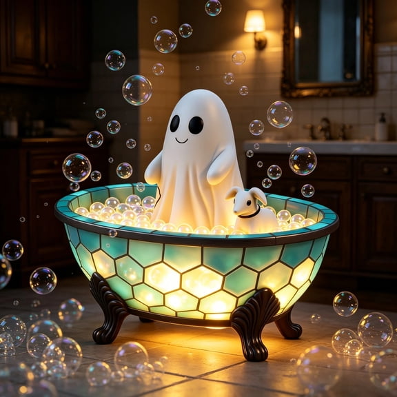 STIJGGN Vintage Halloween Decor Indoor, Cute Ghost & Puppy in Bubble Tub Resin Statue, Warm Glow Halloween Tabletop Lamp, Cute Fall Indoor Decor Ornament Gift for Mantel Coffee Table