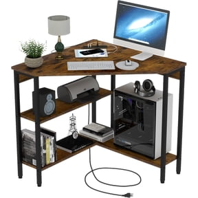 STIKELY Corner Desk with Outlets & USB Ports, 90 Degree Triangle Corner Table with CPU Stand & Storage Shelves for Small Space, Computer Table with Charging Station for Home Office Bedroom (Rustic)