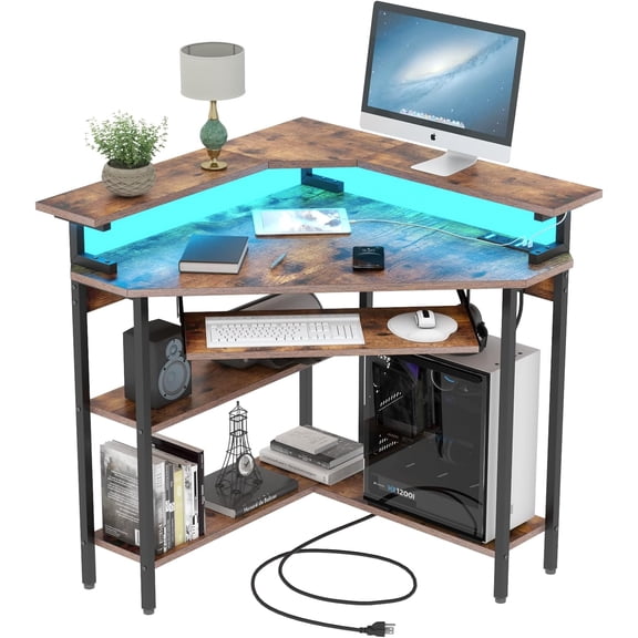 STIKELY Corner Desk with Outlets & USB Ports, 90 Degree Triangle Corner Table with CPU Stand & Storage Shelves for Small Space, Computer Table with Charging Station (Rustic Plus)