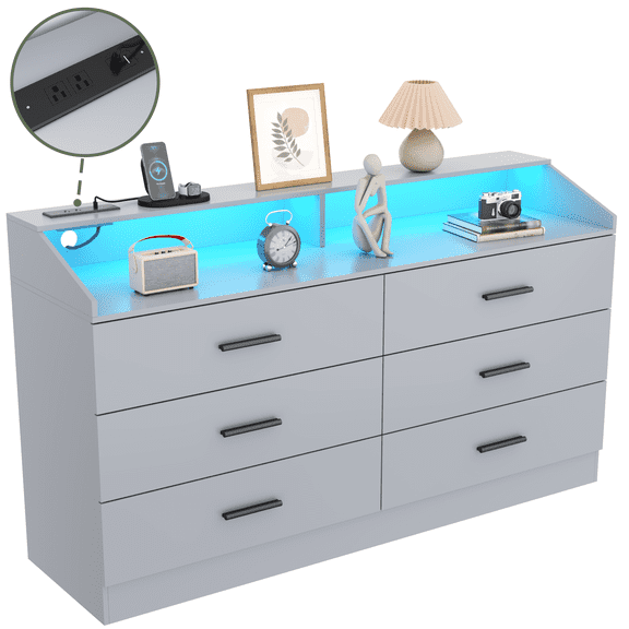 STIKELY Modern Grey 6-Drawer Dresser with Power Outlet and USB Ports, RGB LED Light Chest of Drawers with Open Storage Cubby, Double Wide Wooden Storage Organizer for Bedroom, Living Room, Entryway