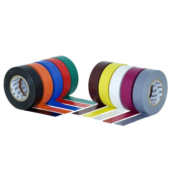 STIKK Multi Colored Electrical Tape (10 Pack) 3/4" Wide 66 Feet 20 Meters Long (Black, Orange, Blue, Red, Green, Brown, Yellow, White, Purple, and Grey)