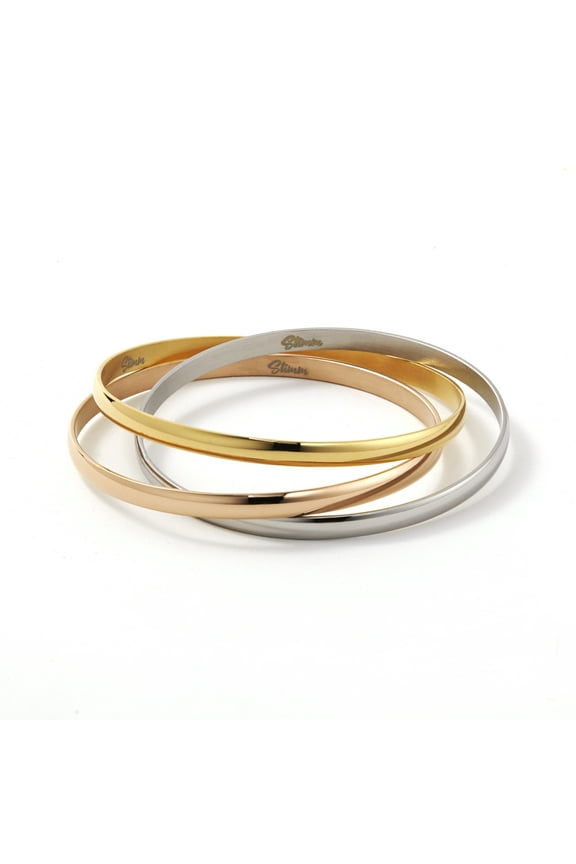 Triple Bangle Bracelet Set for Women - Yellow Rose Silver Gold Color Tone Interlocked Bangles - Elegant Jewelry Accessory