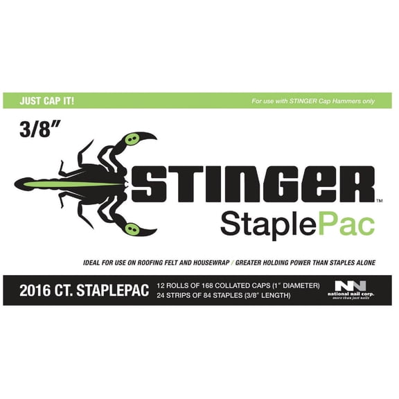 STINGER 3/8" StaplePac - A-11 Crown Staples 20ga 2016 ct  Residential Use, Standard Application