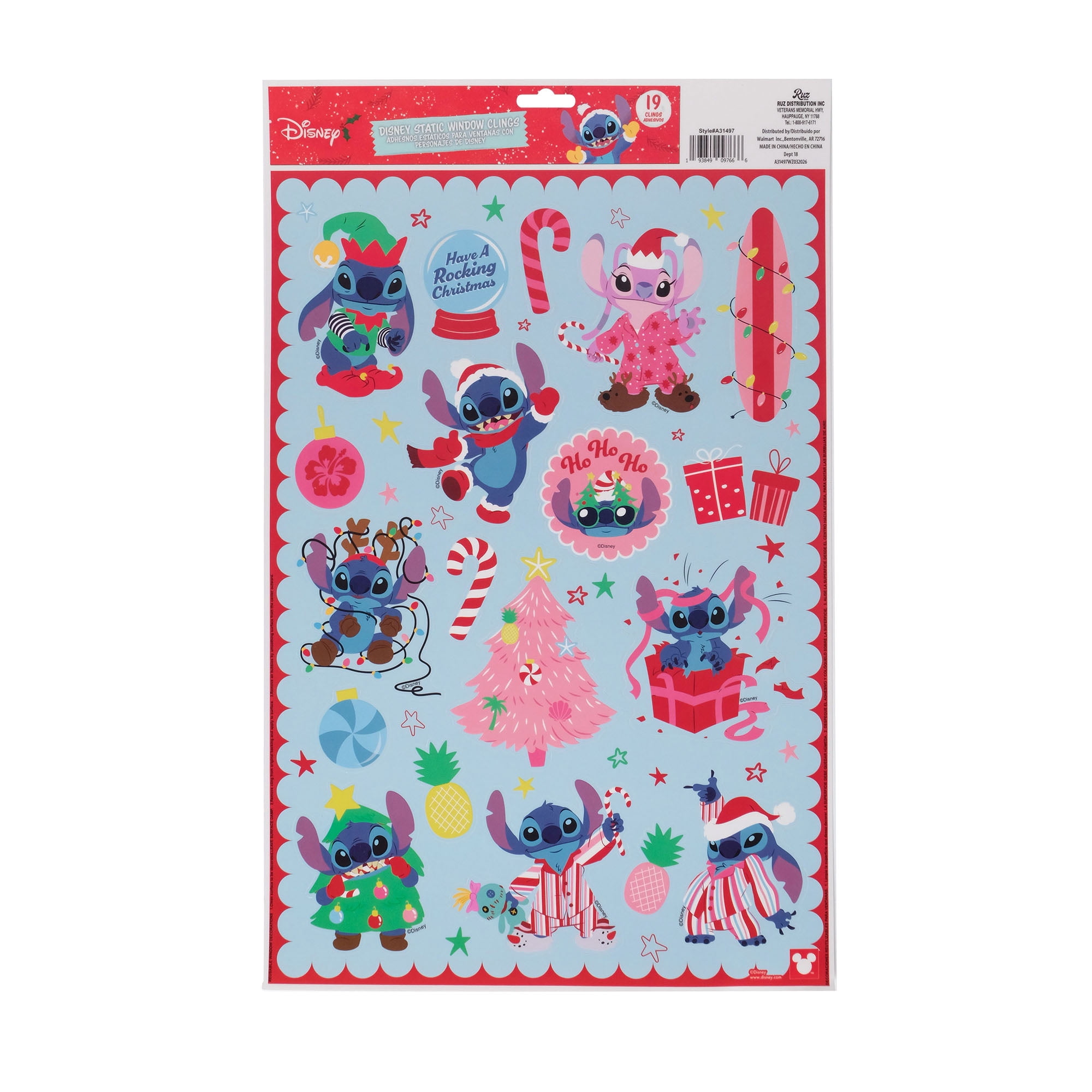 Disney Stitch & Angel Christmas Window Clings, 19‑Piece Holiday Static Window Decorations – Festive Stitch Designs