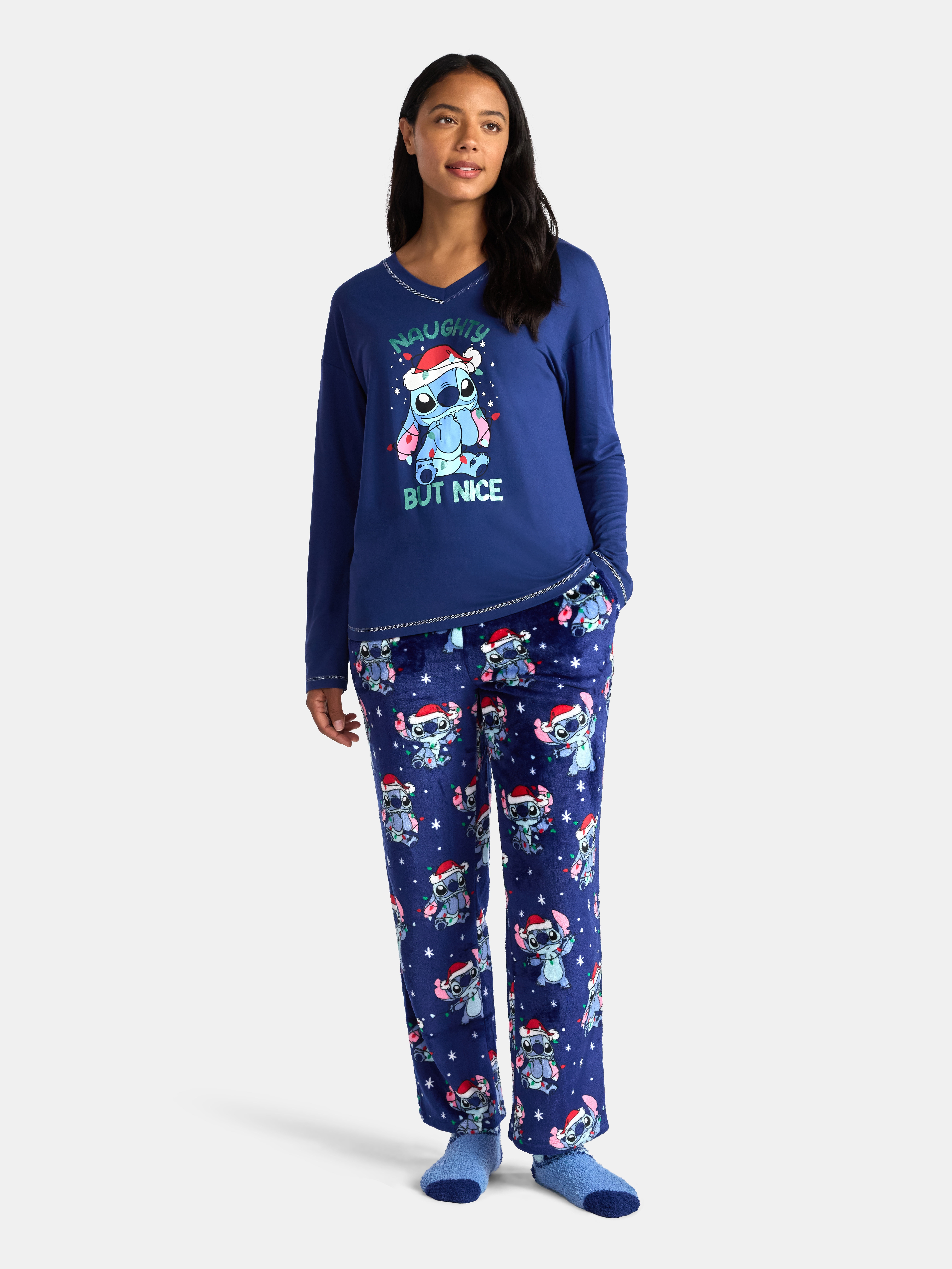 Disney Stitch Women's and Women’s Plus Top, Pants and Socks Holiday Sleep Gift Set, 3-Piece, Sizes XS-3X