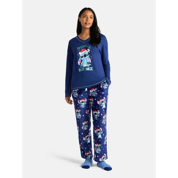 Disney Stitch Women's and Women’s Plus Top, Pants and Socks Holiday Sleep Gift Set, 3-Piece, Sizes XS-3X