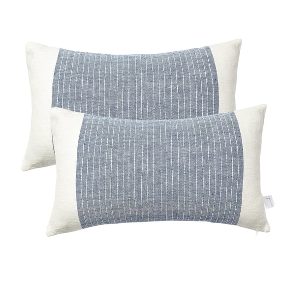 STITCH N STRING 12x20 White & Blue Linen Throw Pillow Covers (Set of 2)