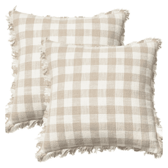 Stitch N String Bohemian 18x18 Beige Gingham Check Valentine's Day Decorative Pillow Covers, 2 Count