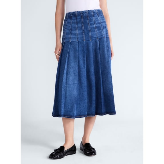 Free Assembly Women's and Women's Plus Stitched Pleat Denim Maxi Skirt, Sizes 0-28W