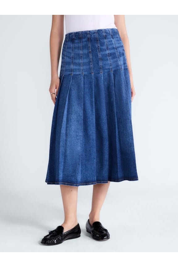 Women's and Women's Plus Stitched Pleat Denim Maxi Skirt, Sizes 0-28W