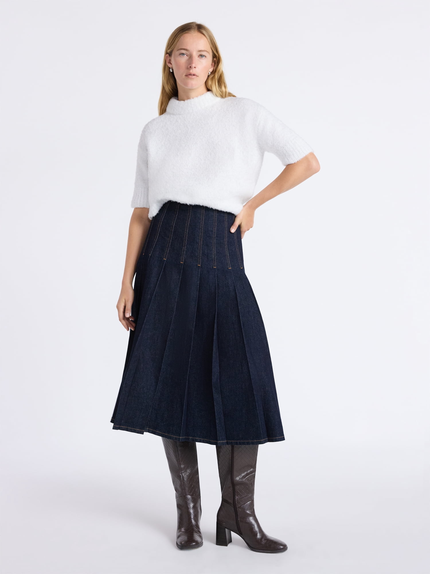Free Assembly Women's and Women's Plus Stitched Pleat Denim Maxi
