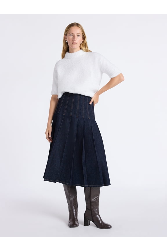 Women's and Women's Plus Stitched Pleat Denim Maxi Skirt, Sizes 0-28W