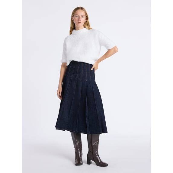 Free Assembly Women's and Women's Plus Stitched Pleat Denim Maxi Skirt, Sizes 0-28W