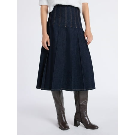 Free Assembly Women's and Women's Plus Stitch Pleated Denim Maxi Skirt, Size 0-28