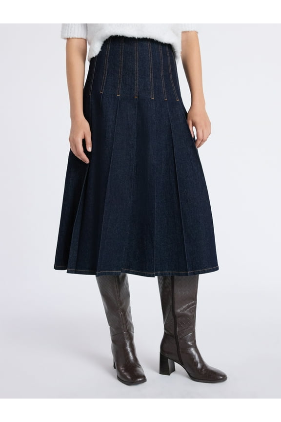 Women's and Women's Plus Stitch Pleated Denim Maxi Skirt, Size 0-28